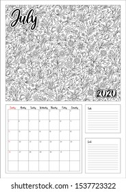 2020 Antistress calendar, doodle illustration. Coloring Book. Can be used for postcard, gift card, banner, poster and printable. 