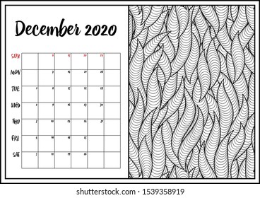 2020 Antistress calendar, doodle illustration. Geometric,  abstract pattern. Coloring Book. Can be used for postcard, gift card, banner, poster and printable. 