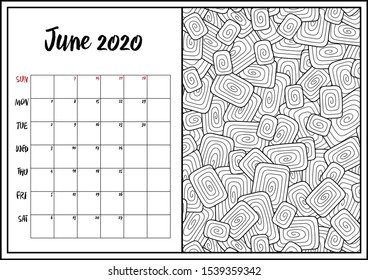 2020 Antistress calendar, doodle illustration. Geometric,  abstract pattern. Coloring Book. Can be used for postcard, gift card, banner, poster and printable. 
