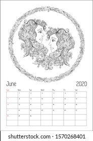 2020 Antistress calendar planner, doodle illustration. Pattern for coloring book. Hand drawn line flowers art of zodiac Gemini.  Horoscope can be used for gift, poster and printable.  