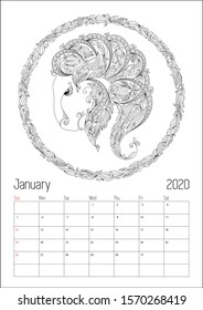 2020 Antistress calendar planner, doodle illustration. Pattern for coloring book.  Hand drawn line flowers art of zodiac Capricornus. Horoscope can be used for gift, poster and printable.  