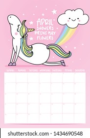 2020 april calendar with calligraphy phrase and unicorn doodle: APRIL SHOWERS BRING MAY FLOWERS. Desk calendar, planner design, week starts on sunday, stationery