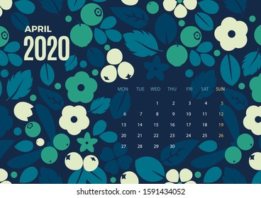 2020 April calendar template. Vector colorful design