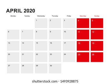 2020 April planner calendar design. Week starts from Monday. Vector illustration.