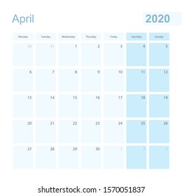 2020 April wall planner in blue pastel color, week starts on Monday. Calendar for April 2020 with blue square and with day of previous and next month.