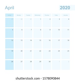 2020 April wall planner in blue color, week starts on Sunday. Calendar for April 2020 with day of previous and next month.