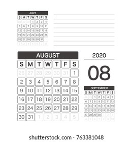 2020 AUGUST Calendar Planner Design.