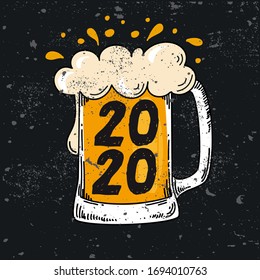 2020 Bavarian Oktoberfest. Vector flat color text illustration for German beer festival in Munich. Hand Drawn Lettering in picture of beer mug with foam. Template poster, menu. Cracks can be removed