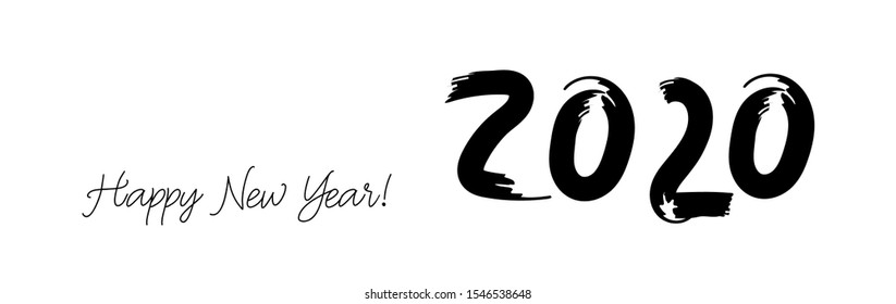 2020 Black White Cool Horizontal Vector Banner. Graffiti Trail Hand Painted Brush Stroke Winter Celebration Design. New Year, Christmas Music Party Ornament. 2020 Trendy Funky New Year Ad Cover