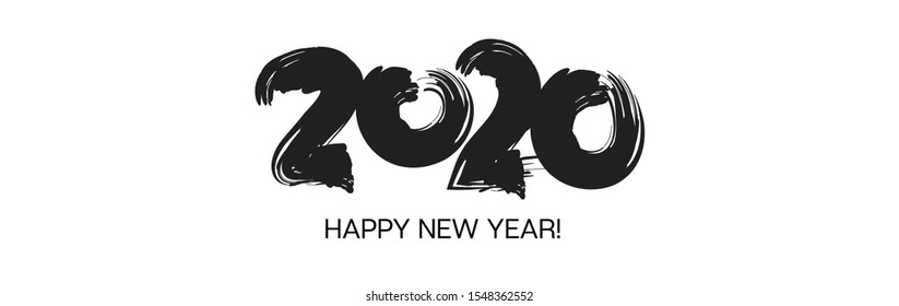 2020 Black White Cool Horizontal Vector Banner. Hand Painted Brush Stroke Winter Celebration Design. Dirty Card New Year, Christmas Music Party Decoration. 2020 Trendy Funky New Year Ad Cover