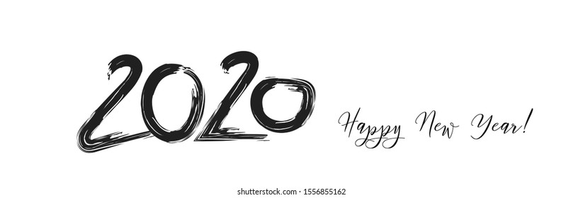 2020 Black White Cool Horizontal Vector Banner. Graffiti Trail New Year, Christmas Music Party Decoration. Hand Painted Brush Stroke Winter Celebration Design. 2020 Trendy Funky New Year Ad Cover