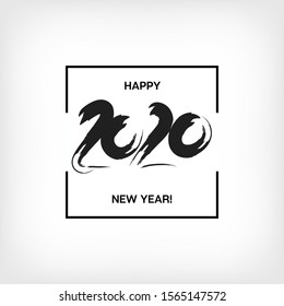 2020 Black and White Square Vector Banner. Stained Card Hand Painted Brush Stroke Winter Celebration Layout. New Year, Christmas Music Party Decoration. Modern 2020 New Year Ad Graphic Frame