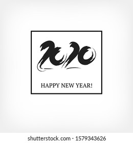2020 Black and White Square Vector Banner. New Year, Christmas Music Party Ornament. Stained Shape Hand Painted Brush Stroke Winter Celebration Template. 2020 New Year Ad Grunge Minimal Banner