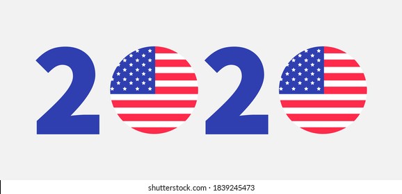 2020 blue red text. Vote President election day. Badge button icon with American flag Star and strip. Voting concept. Invitation Card Print. Flat design. White background Isolated. Vector illustration