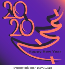 2020 brush coral color on  blue gradient background. Pink brush contour Christmas tree and sticky tape. Vector illustration for the design of greeting cards for Christmas and New Year.
