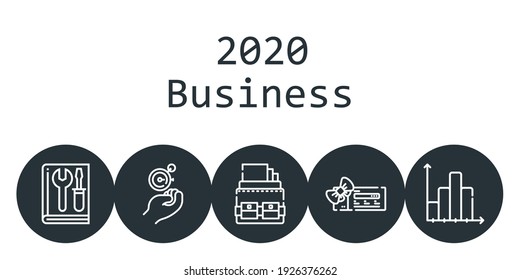 2020 business background concept with 2020 business icons. Icons related portfolio, voucher, bar chart, wall clock, manual