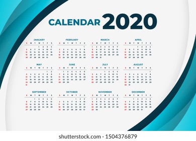 2020 business calendar concept design with blue curve shapes