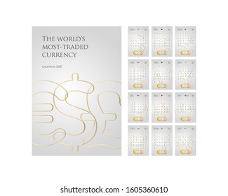 2020 Business calendar design. Set of 12 month pages. Week starts on Sunday. Vector illustration. 