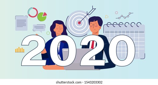 2020 business target goal in calendar. Business man team meeting working on new year resolution for company corporate vision