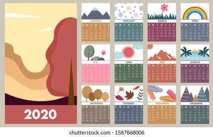 2020 calendar 12 month colorful with season theme has summer autumn spring winter and nature scene like mountain rainbow flower sun butterfly leaf Christmas trees snow sea snowflakes.cute flat design.
