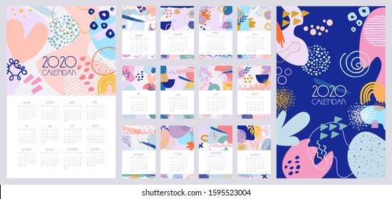 2020 Calendar with abstract minimalistic images.  Yearly Planner for all Months. Organizer and Schedule. Minimalist modern trendy vector illustration