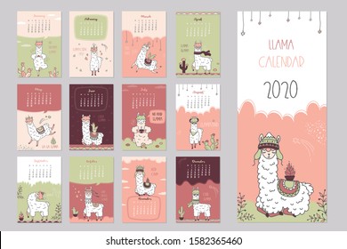 2020 calendar with alpaca. Cute calendar with llama character. 12 months and cover. Monday first. Scandinavian doodle style. Vector illustration