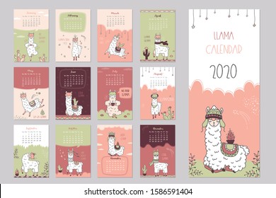 2020 calendar with alpaca. Cute calendar with llama character. 12 months and cover. Sunday first. Scandinavian doodle style. Vector illustration