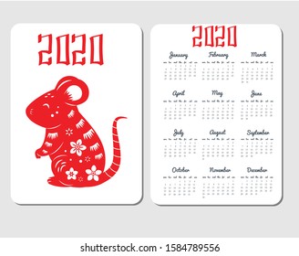 2020 calendar with asian decorated mouse. Chinese new year of rat design template