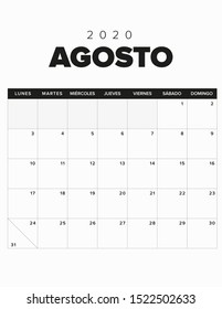 2020 Calendar August, Black and white. Spanish