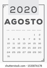 2020 Calendar August, Gray and white. Spanish