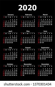 2020 calendar with black background