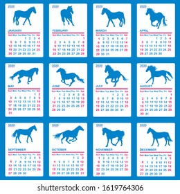 2020 calendar with blue horses silhouettes