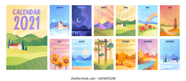 2020 Calendar with bunch of minimalist style landscapes of four seasons. Set of vector illustrations