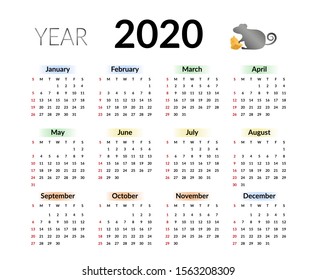 2020 calendar clean design template. Vector simple calendar 2020 week starts on Sunday, monthly date calendar illustration, new year of metallic chinese rat