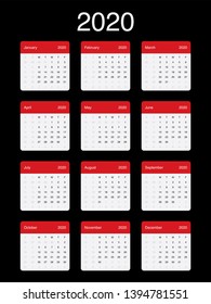 2020 Calendar Clean Minimal Simple Vector Design with a basic grid. Week Starts on Monday.