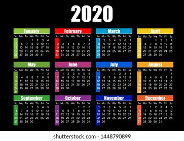 2020 Calendar color modern design on black background.  Vector template. Week starts sunday. horizontal orientation.