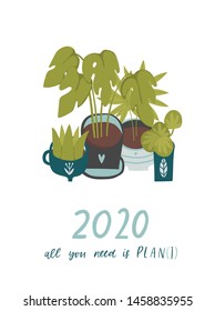 2020 calendar cover with house plant,  cacti, tropical leaves.. Concept, vector vertical editable template. Cartoon. Isolated. Vector illustration