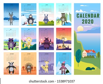 2020 Calendar Cute Animals Characters background landscapes minimal style. Monthly Vector illustration Isolated Scandinavian Style
