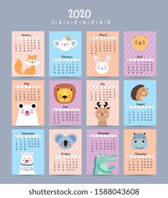 2020 calendar with cute animals design. vector illustration