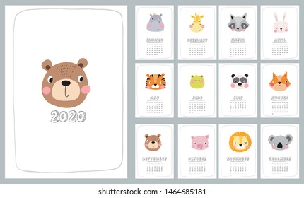 2020 calendar with cute Hand drawn animals lion, koala, hare, lion, tiger, bear, panda, fox, raccoon, hippo, 