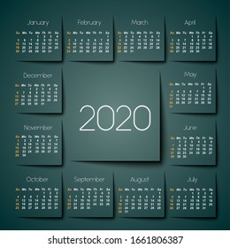 2020 calendar with dark squares	