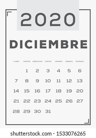 2020 Calendar December, Gray and white. Spanish