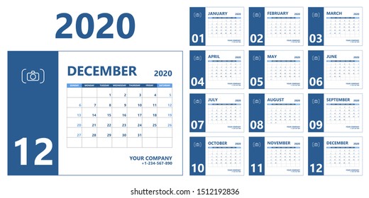 2020 calendar December. Week starts on Sunday. 2020 year organizer 2020 calendar modern minimal design. Vector illustration