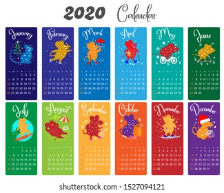 2020 calendar. Dedicated to the year of the mouse. Funny mice in different situations. For design and cards.