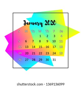2020 Calendar design abstract concept. January 2020. Business wall or web calender template. Minimal elegant design used for advertising, public relations, infographic in English