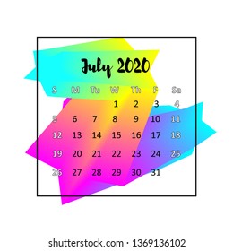 2020 Calendar design abstract concept. July 2020. Business wall or web calender template. Minimal elegant design used for advertising, public relations, infographic in English