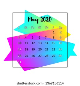 2020 Calendar design abstract concept. May 2020. Business wall or web calender template. Minimal elegant design used for advertising, public relations, infographic in English