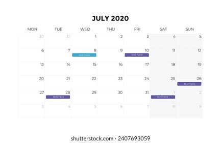 2020 Calendar design abstract concept. July 2020. Business wall or web calendar template
