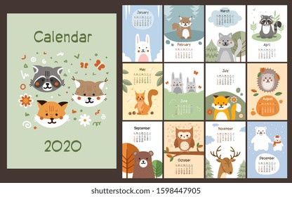 2020 calendar design with cute little animals in Scandinavian style on a page per month basis, colorful vector illustration