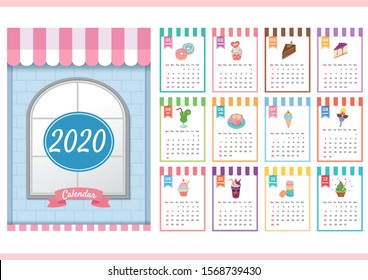 2020 Calendar design with dessert and drinks on restaurant template.